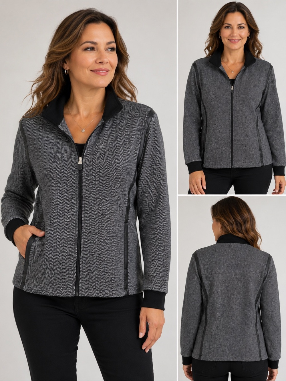 Blast Petites Women’s Large Grey Herringbone Zip-Up Jacket